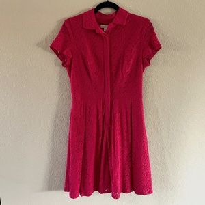 Berry A-line midi lace overlay button front dress